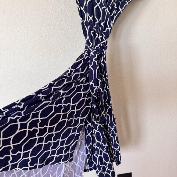 Tart Dress Navy Geometric Print Belted Cap Sleeve Feminine Wrap Dress - Picture 4 of 7